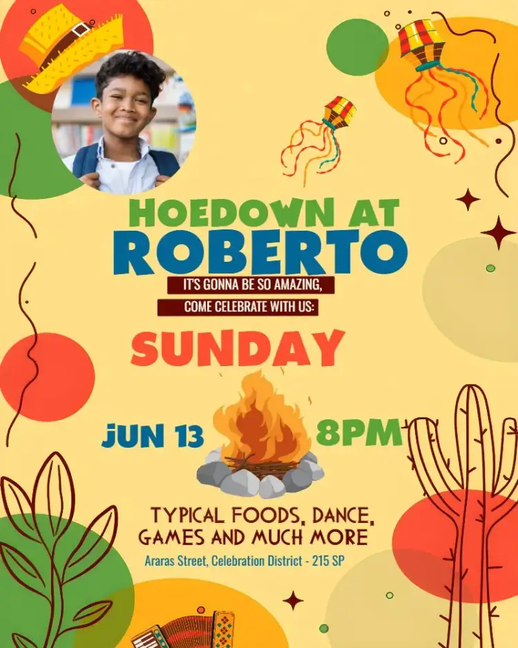 Invitation Arraiá São João With Blue Photo – Commemorative Dates theme colorful, traditional, festive, vibrant, June-themed, fun