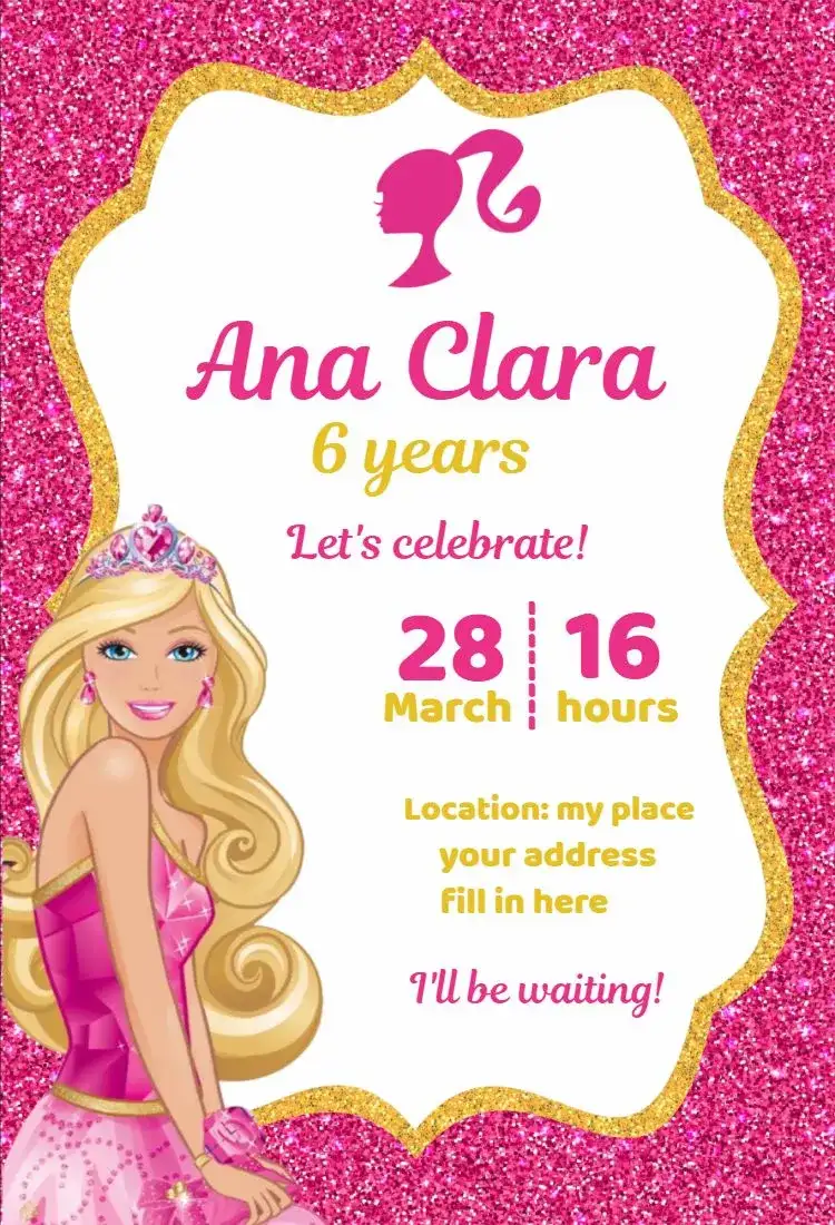 Golden and Pink Glitter Barbie Invitation 1