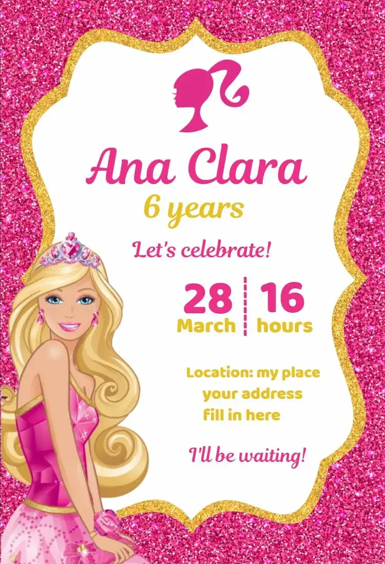 Invitation Golden and Pink Glitter Barbie Invitation 1 – Kids' Birthday Party theme glitter, sparkle, pink, golden, feminine, themed