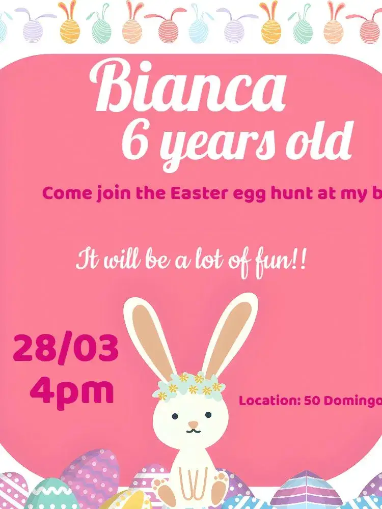 Invitation Pink Easter – Commemorative Dates theme pastel colors, playful style, rabbit illustrations, floral elements, cheerful design, modern style