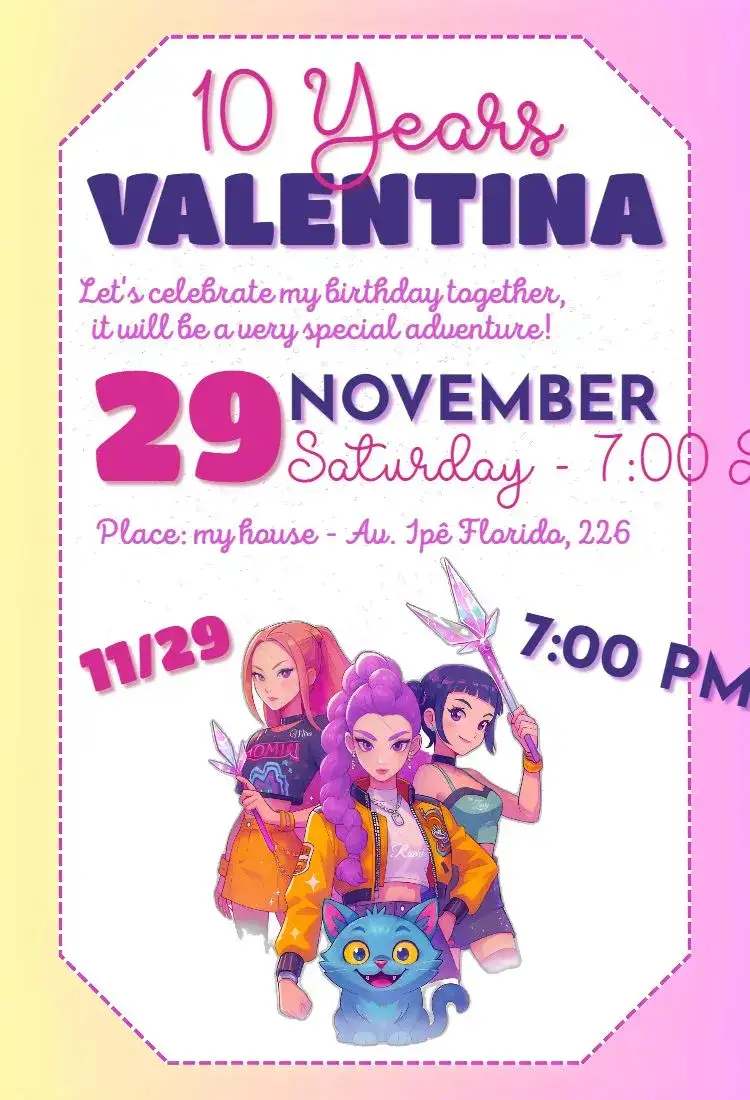 Invitation Kpop Warriors Huntrix – Kids' Birthday Party theme vibrant colors, pop style, Kpop graphic elements, modern design, girlband inspiration