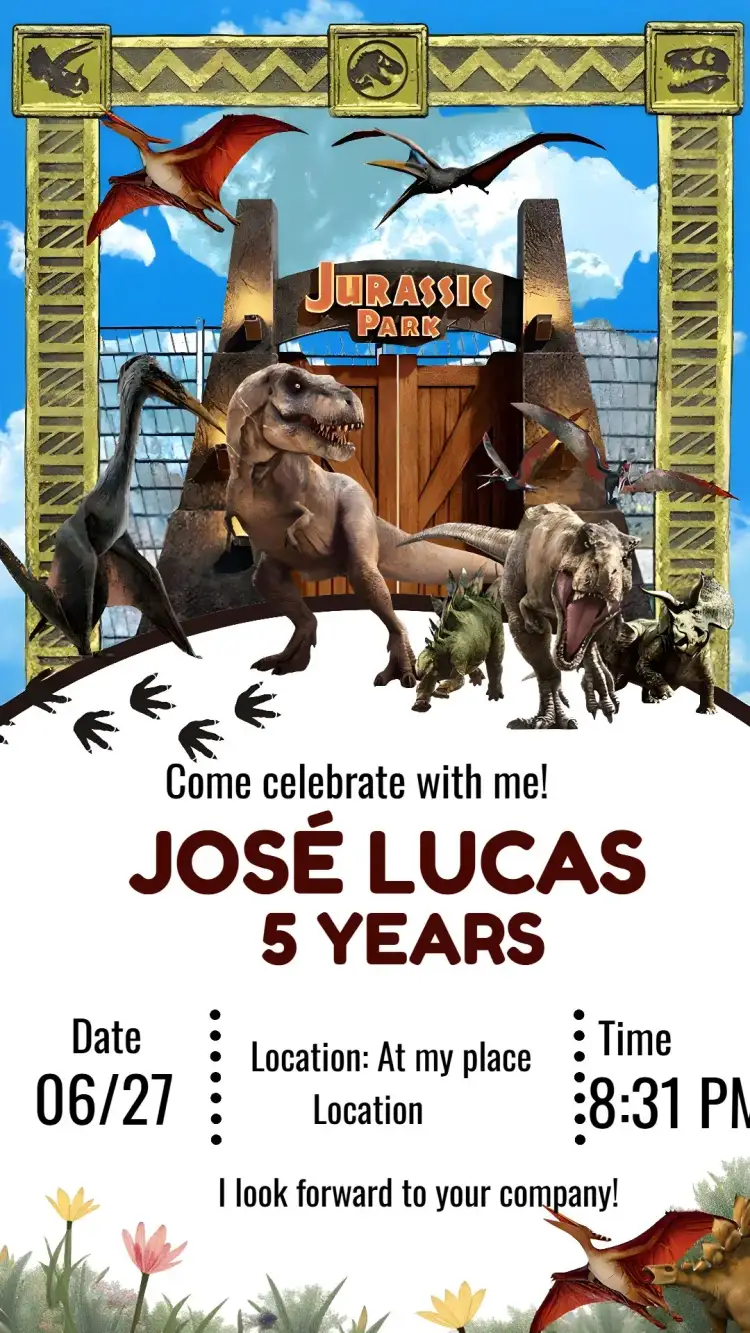 Invitation Jurassic Park Rex – Birthday theme colorful, prehistoric, fun, nature, dinosaurs, floral