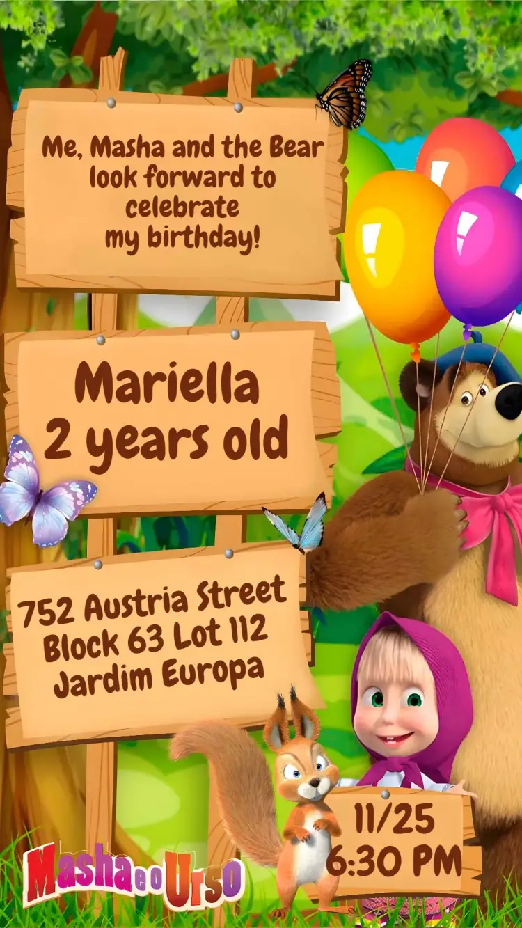 Invitation Masha and the Bear – Kids' Birthday Party theme colorful, fun, childish, playful illustrations, cartoon-themed, cheerful style