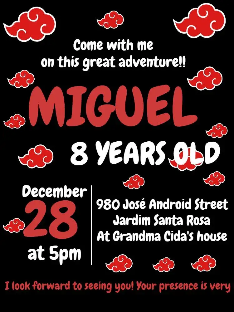 Invitation Red Akatsuki – Kids' Birthday Party theme anime theme, vibrant colors, Naruto graphic elements, modern design, fun style, inspired by characters