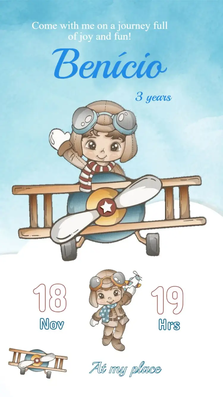 Invitation Aviator Birthday Invitation – Kids' Birthday Party theme airplane, clouds, blue and white, vintage style, fun illustrations, aviation graphic elements