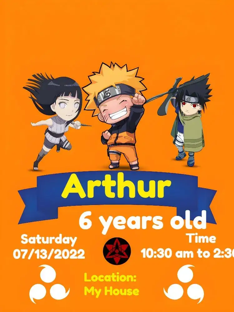 Invitation Naruto Chibi Black – Kids' Birthday Party theme chibi, anime, modern, colorful, fun, themed