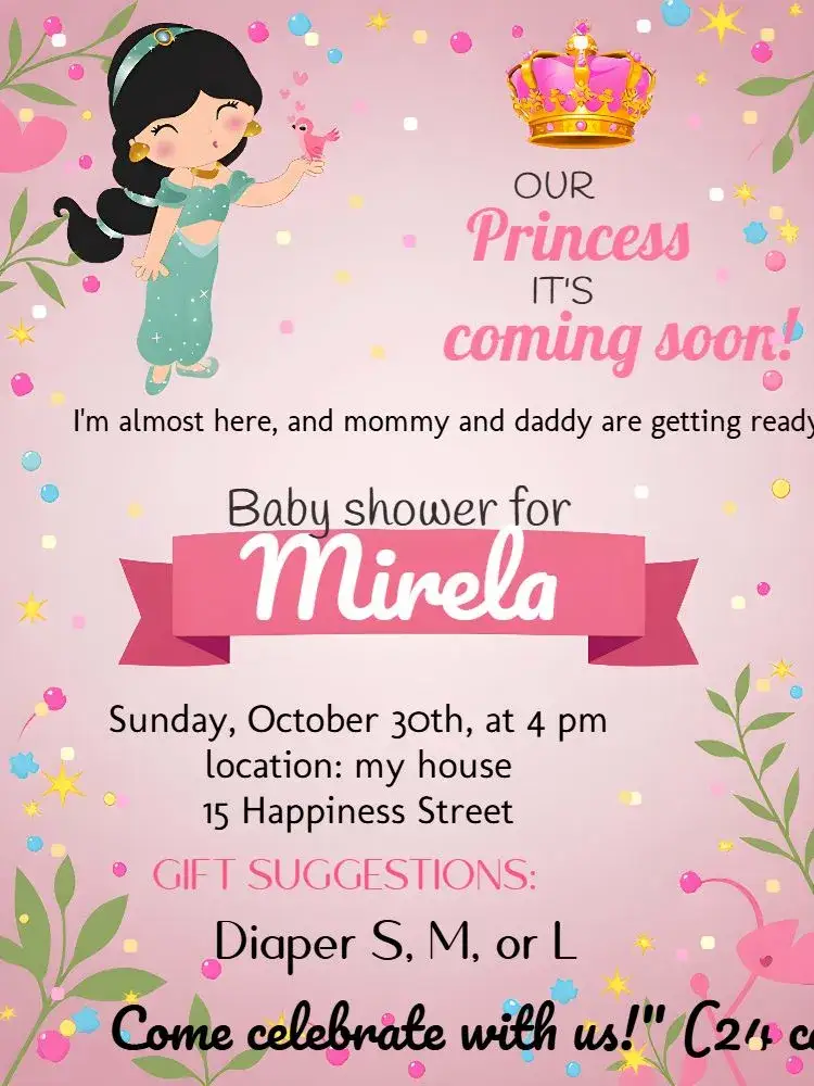 Invitation Diaper Shower Jasmine Banner – Diaper Shower theme princess, pink, white, modern, elegant, playful