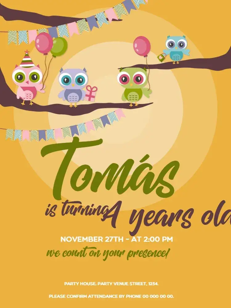 Invitation Owl Whatsapp – Kids' Birthday Party theme colorful, playful, fun, modern, childlike