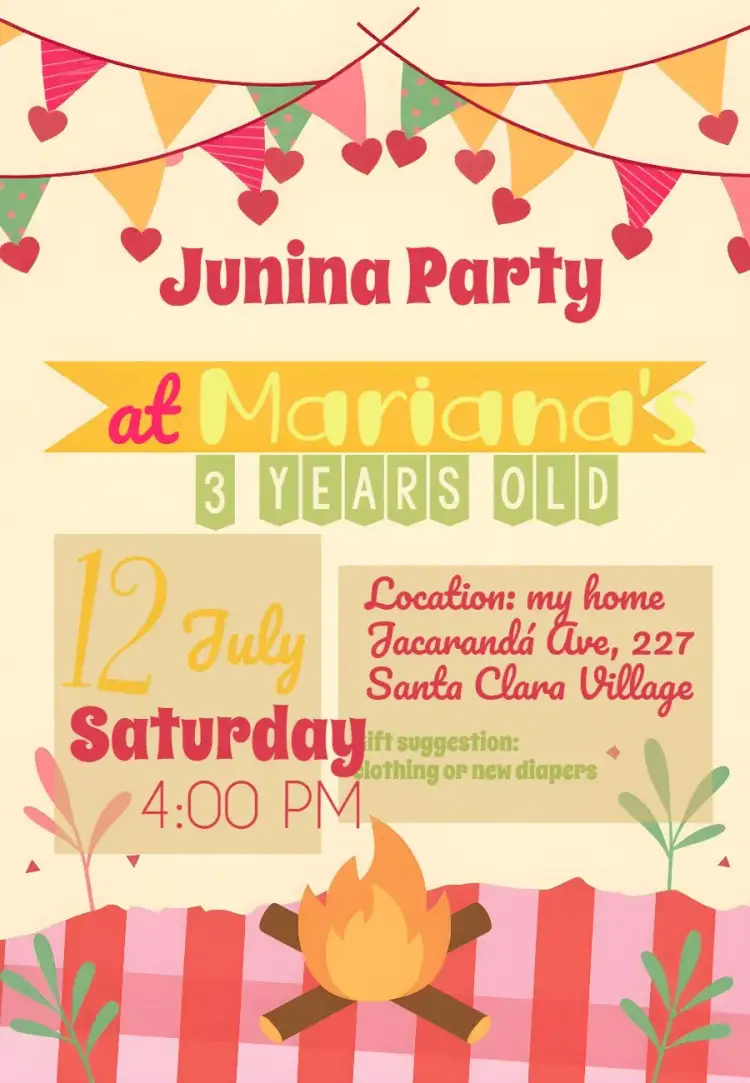 Invitation Junina Hoedown – Kids' Birthday Party theme colorful, festive, rustic, childish, themed