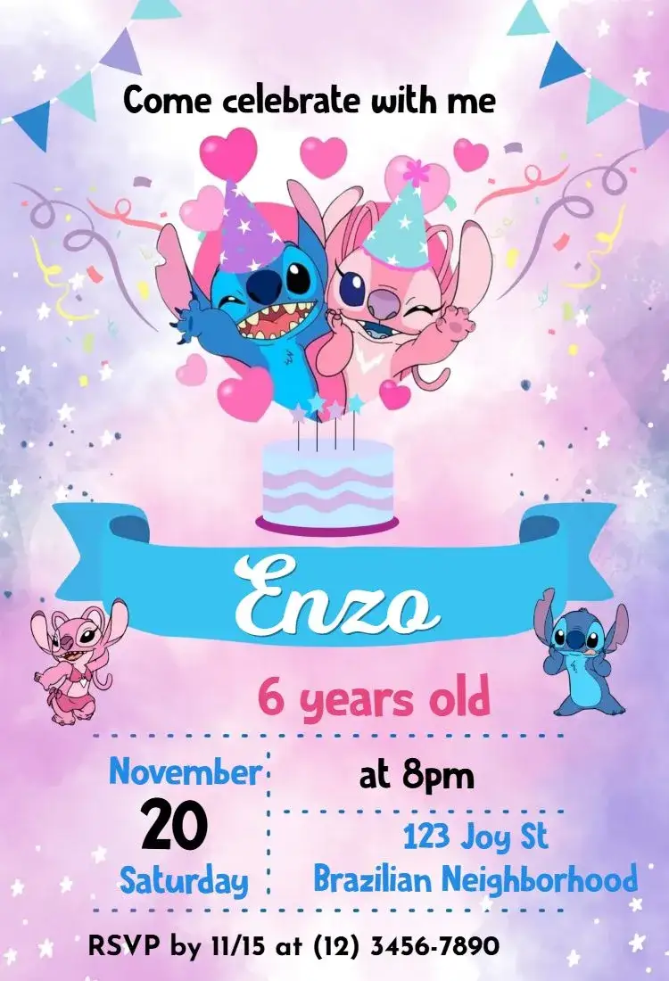 Invitation Stitch – Kids' Birthday Party theme colorful, tropical, fun, childish, characters, themed