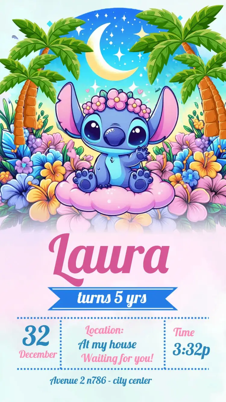 Invitation Stitch Lilo – Kids' Birthday Party theme colorful, tropical, fun party, illustration, kids' theme, Disney