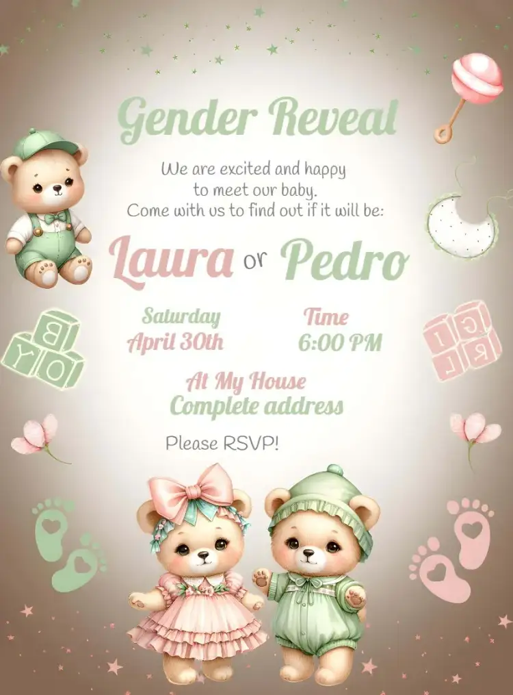 Invitation Bear Baby Gender Reveal – Gender Reveal theme cute, playful, colorful, childlike, modern, fun