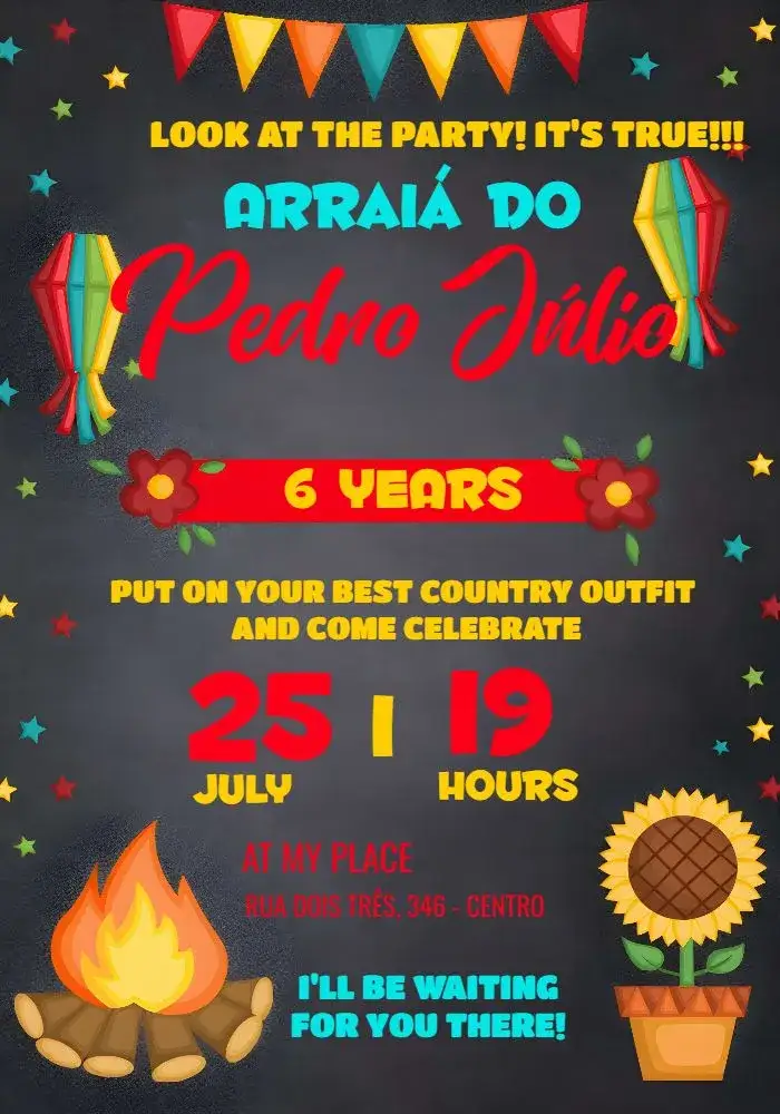 Invitation Junina Party Festajunina Arraiá – Birthday theme colorful, festive, rustic, Brazilian, traditional, cheerful