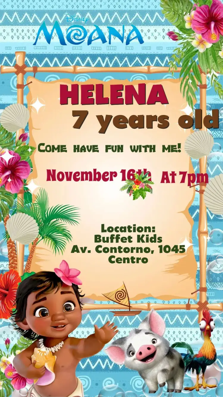Invitation Moana – Kids' Birthday Party theme tropical, colorful, fun, maritime, adventure, childlike