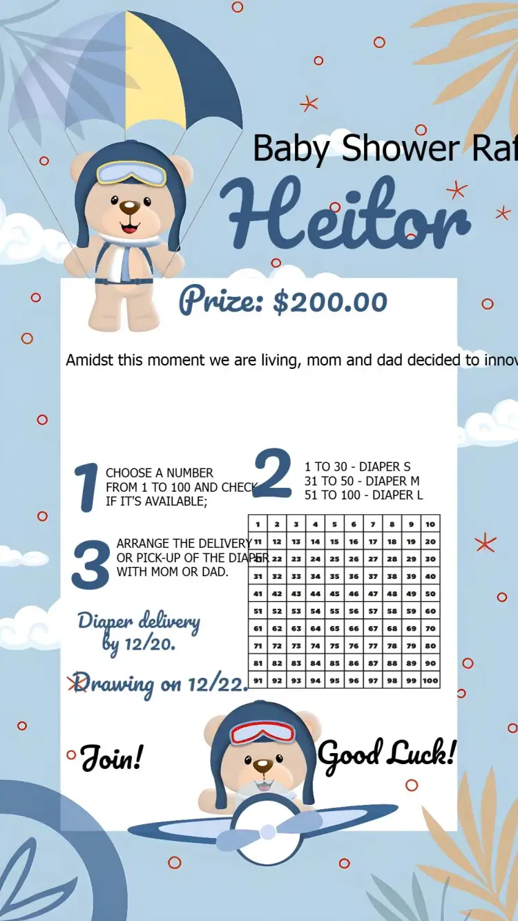 Invitation Tea Raffle Aviator Teddy Bear 100 – Raffle Tea theme aviator, children's, blue and white, clouds, balloons, cute