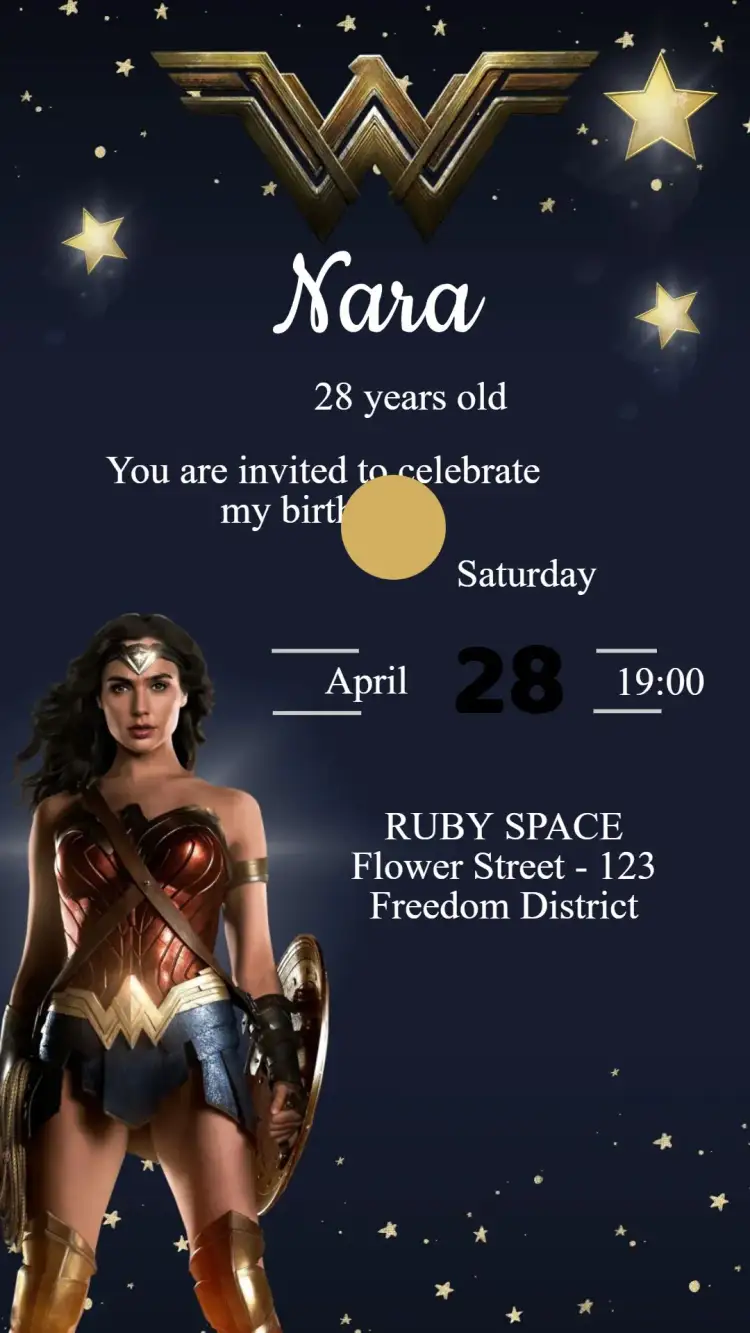 Invitation Wonder Woman Birthday Invitation – Birthday theme colorful, superhero-themed, vibrant, modern, fun