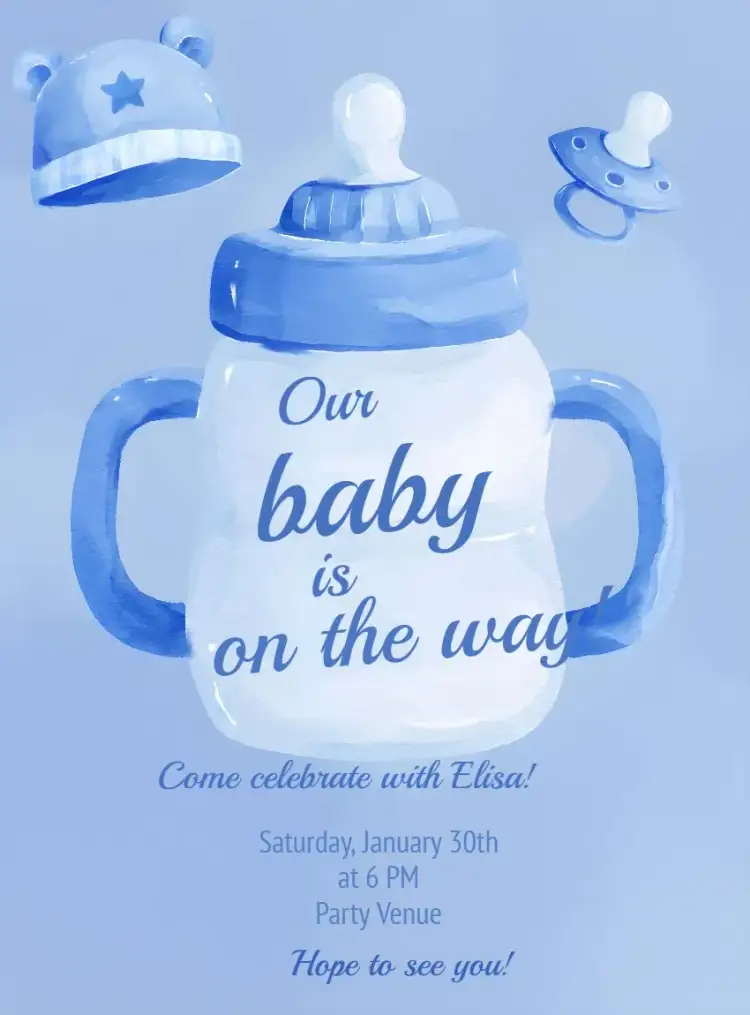 Invitation Baby Shower Boy Bottle – Diaper Shower theme watercolor, blue, playful, childlike, modern, fun