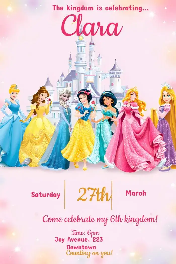 Invitation Disney Princesses – Most searched for theme soft colors, enchanted style, princess graphic elements, magical theme, colorful design, sparkling details