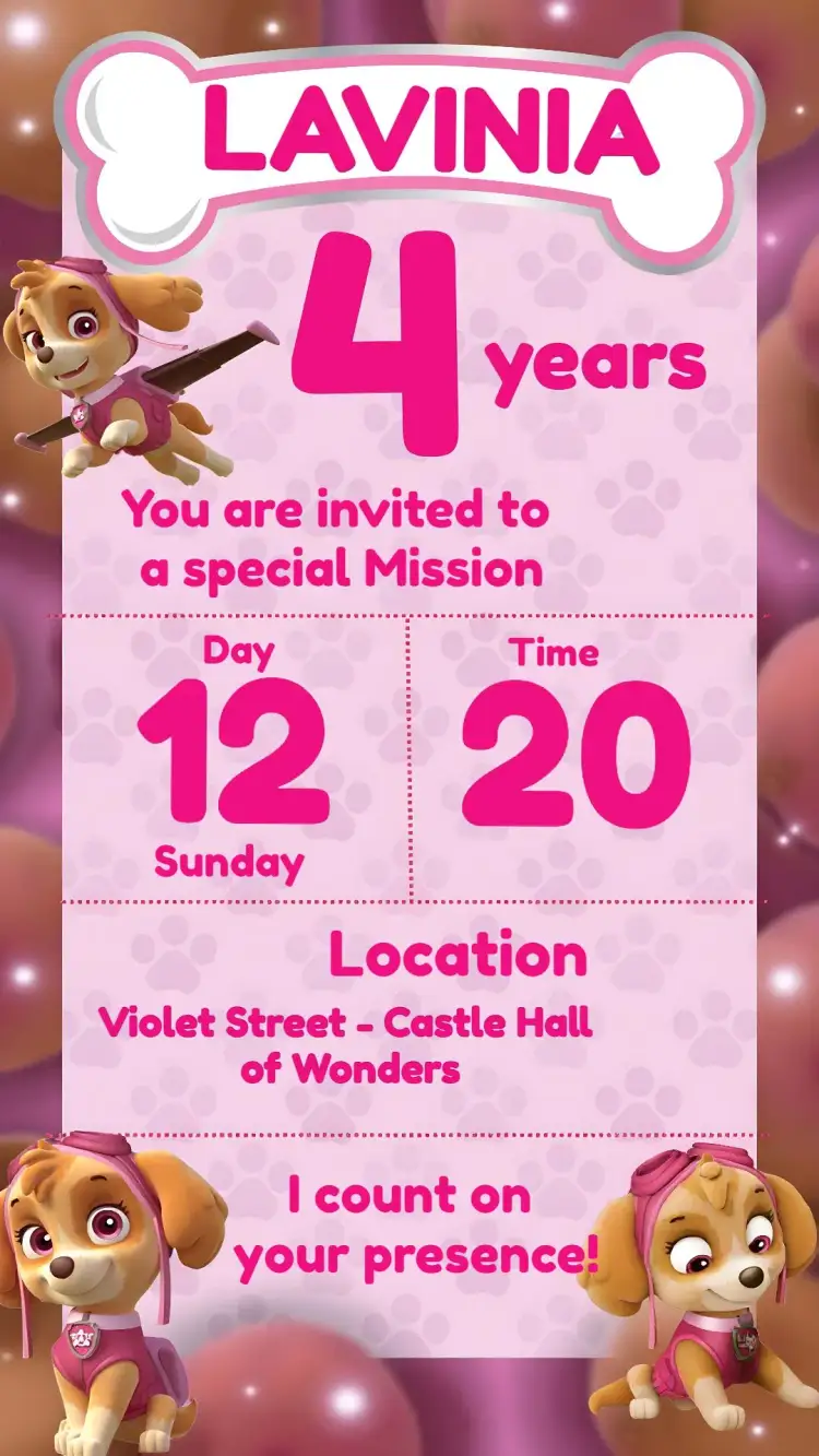 Invitation Paw Patrol Skye Girl – Kids' Birthday Party theme pink, childish, fun, colorful, themed, modern
