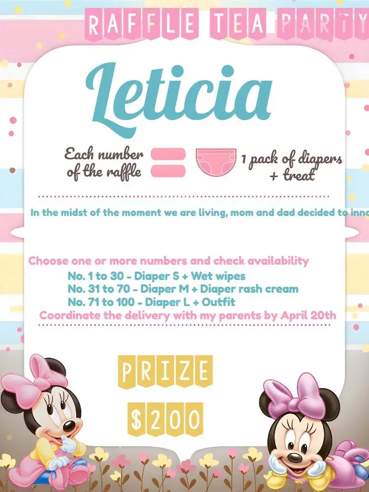 Invitation Minnie Mouse Baby Shower Raffle – Raffle Tea theme colorful, playful, Disney, childlike, vibrant, fun