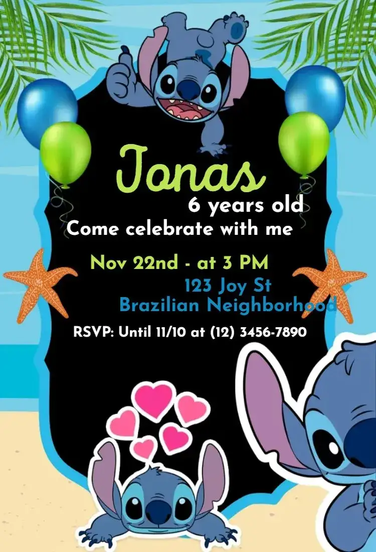 Invitation Stitch Beach – Kids' Birthday Party theme beach, summer, colorful, fun-filled, playful, tropical