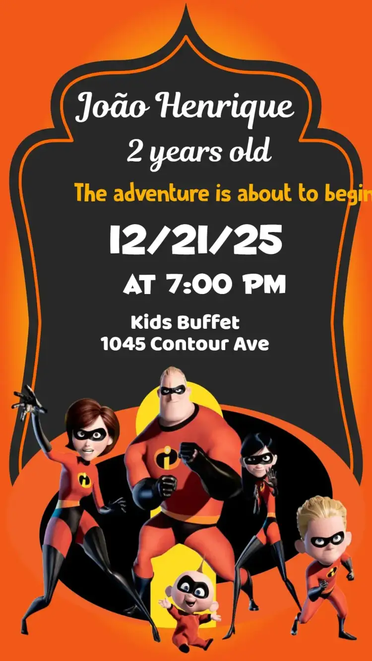 Invitation The Incredibles – Kids' Birthday Party theme vibrant colors, superhero elements, fun and cheerful style, modern design, childlike illustrations, colorful aesthetic