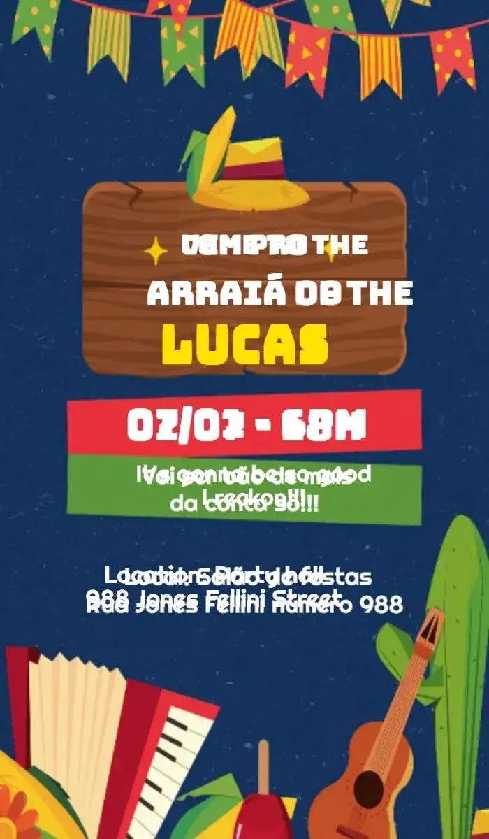 Invitation Red June Party Arraiá – Commemorative Dates theme vibrant red, junina graphic elements, festive style, colorful balloons, traditional bonfire