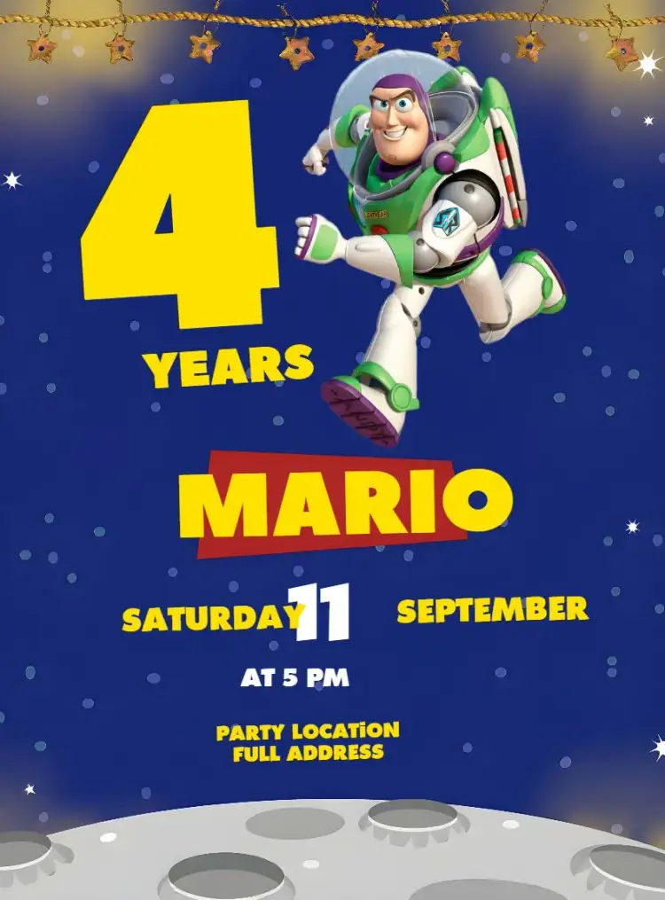 Invitation Buzz Lightyear Toy Story Star – Most searched for theme colorful, themed, childish, fun, intergalactic, toys