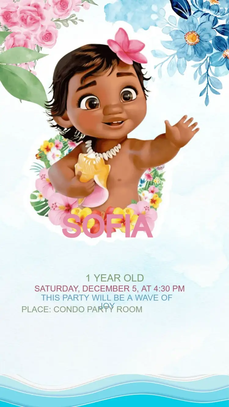 Invitation Moana Baby Birthday Invitation – Kids' Birthday Party theme tropical, colorful, watercolor, maritime, adventure, kids