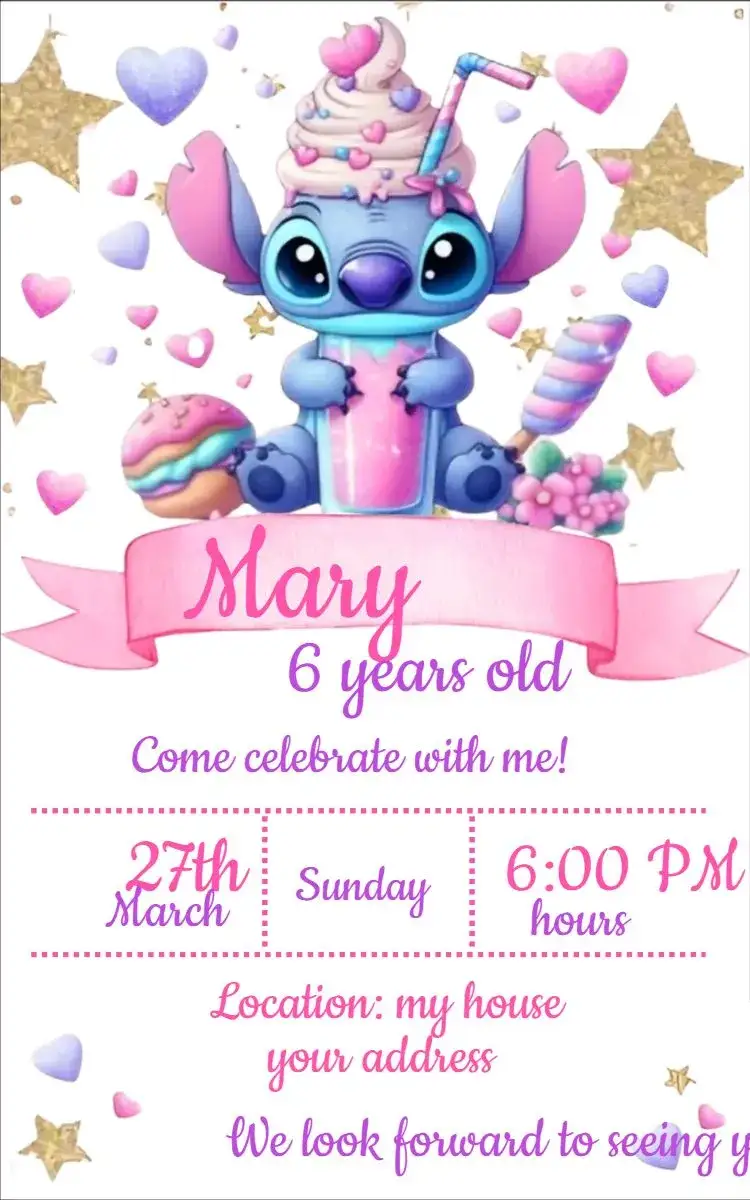 Invitation Stitch Bakery 2 – Kids' Birthday Party theme pastry shop, themed, pastel colors, children's, fun, modern