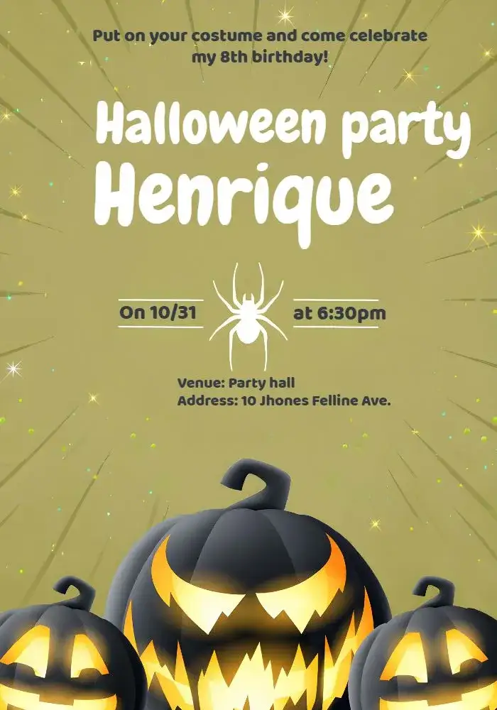 Invitation Halloween Day – Commemorative Dates theme orange and black colors, fun style, Halloween graphic elements, pumpkin illustrations, childish design, playful style