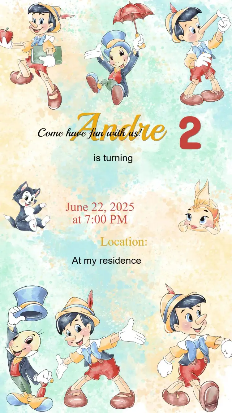 Invitation Pinocchio Birthday Invitation – Kids' Birthday Party theme colorful, playful, fairy tale illustrations, fun, playful