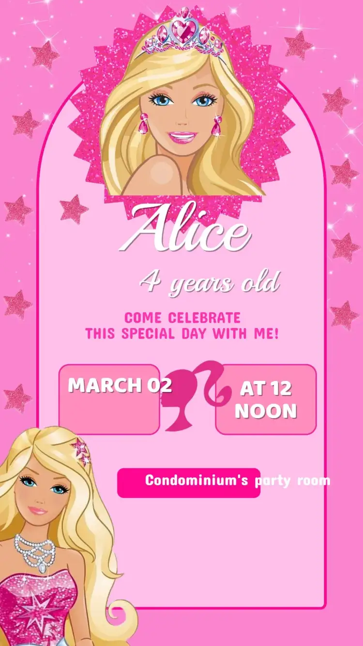 Invitation Digital Pink Barbie Kids Invitation - Editable and Personalized – Kids' Birthday Party theme pink, white, sparkle, feminine, colorful, fun