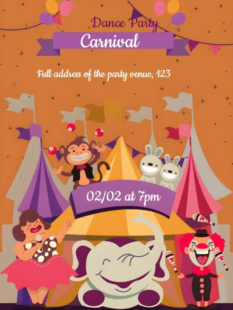 Invitation Purple Circus Carnival – Commemorative Dates theme purple, white, circus-themed, colorful, festive, cheerful