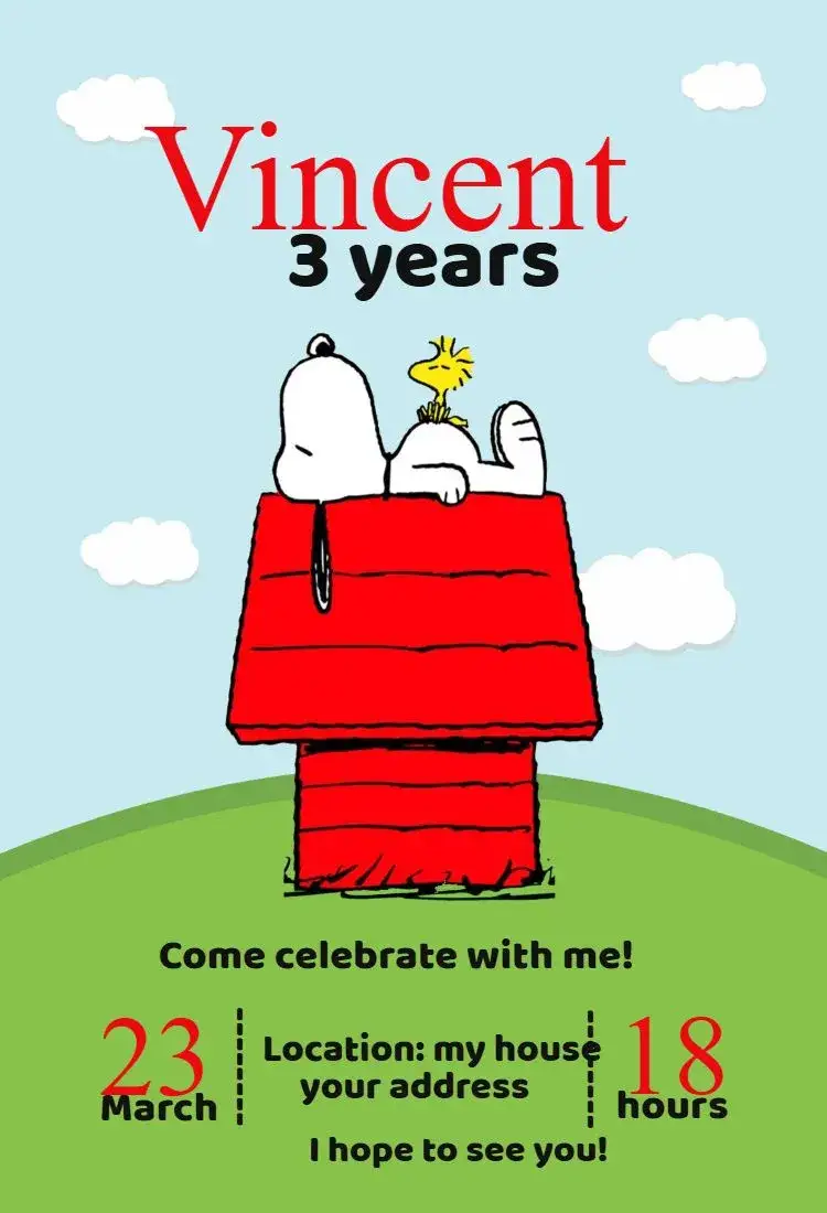 Invitation Snoopy 1 – Birthday theme colorful, fun, childish, themed, modern, Snoopy illustrations