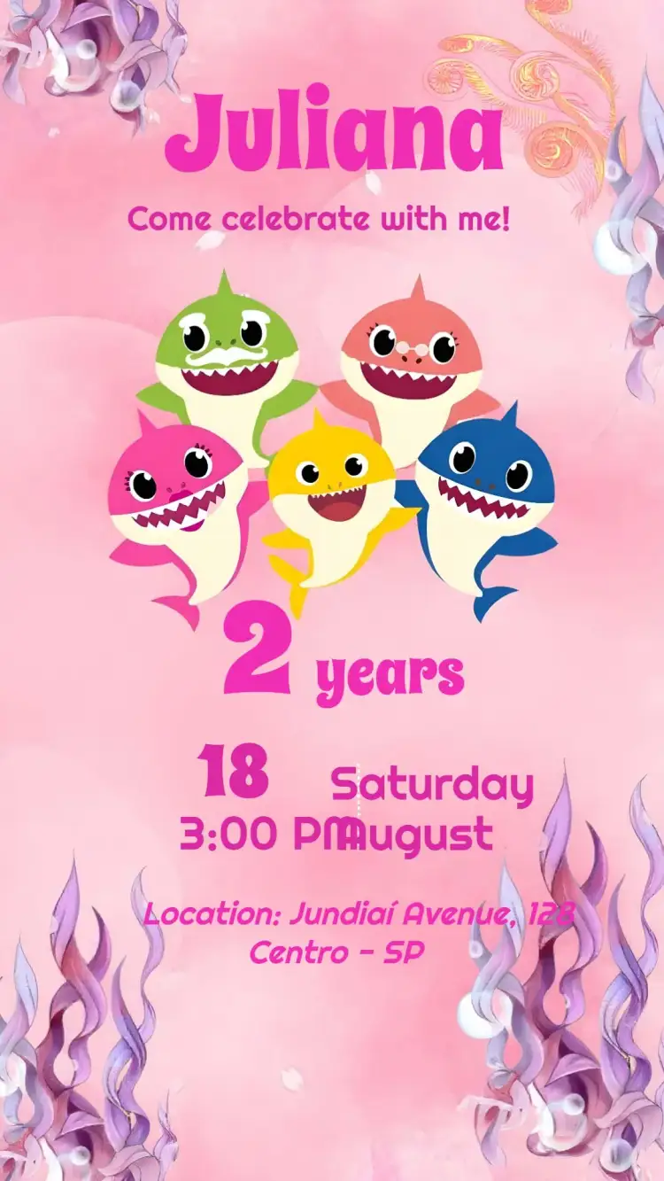 Invitation Baby Shark Doo – Most searched for theme navy, colorful, fun, childish, pink, themed