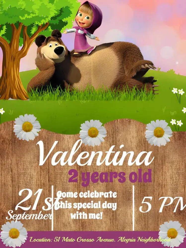 Invitation Masha And The Purple Bear – Most searched for theme colorful, childlike, forest-themed, fun-filled, vivid