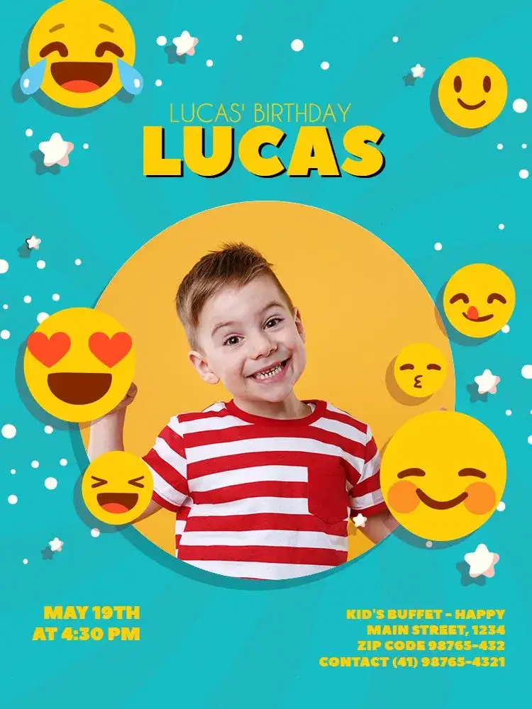 Invitation With Clear Smile Kids Photo – Kids' Birthday Party theme light blue, playful, fun, childlike, star, smile