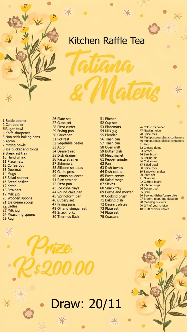 Invitation Floral Kitchen Raffle Tea Items – Bridal Shower theme floral, vintage, modern, yellow, brown, minimalist