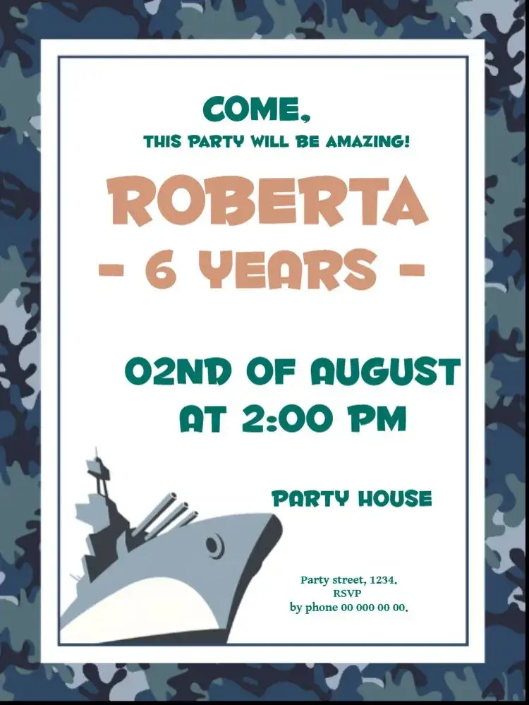 Invitation Warship Online – Kids' Birthday Party theme nautical, adventure, nature, games, soft colors, childlike illustrations