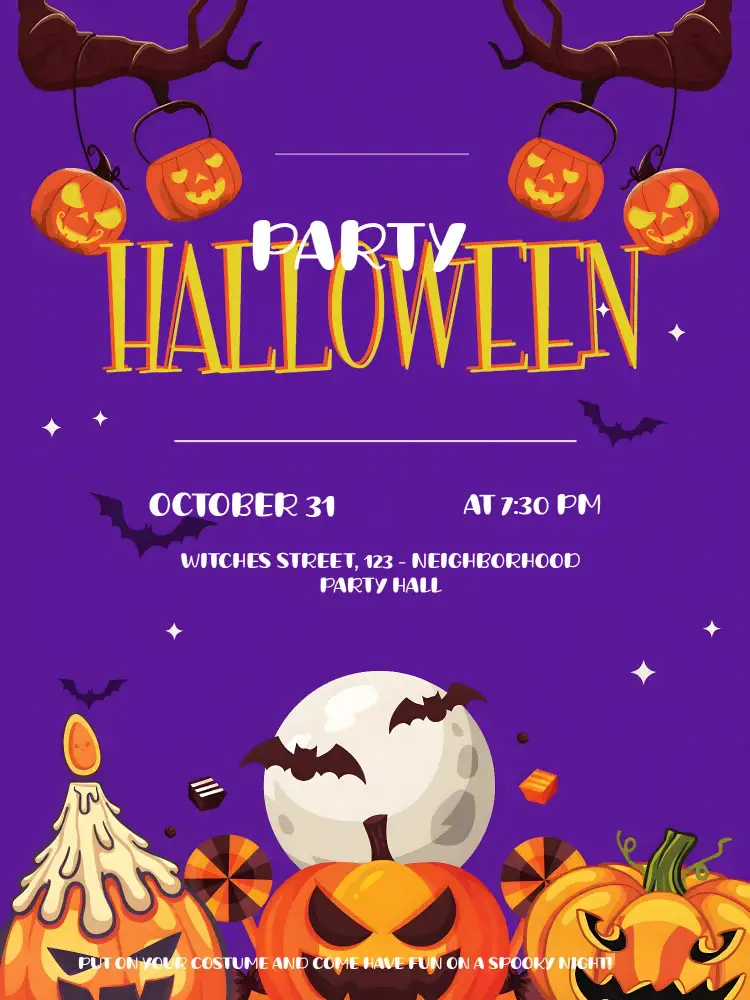 Invitation Witch Halloween Party – Commemorative Dates theme purple and orange, mystical style, Halloween graphic elements, fun design, spooky atmosphere, charming details