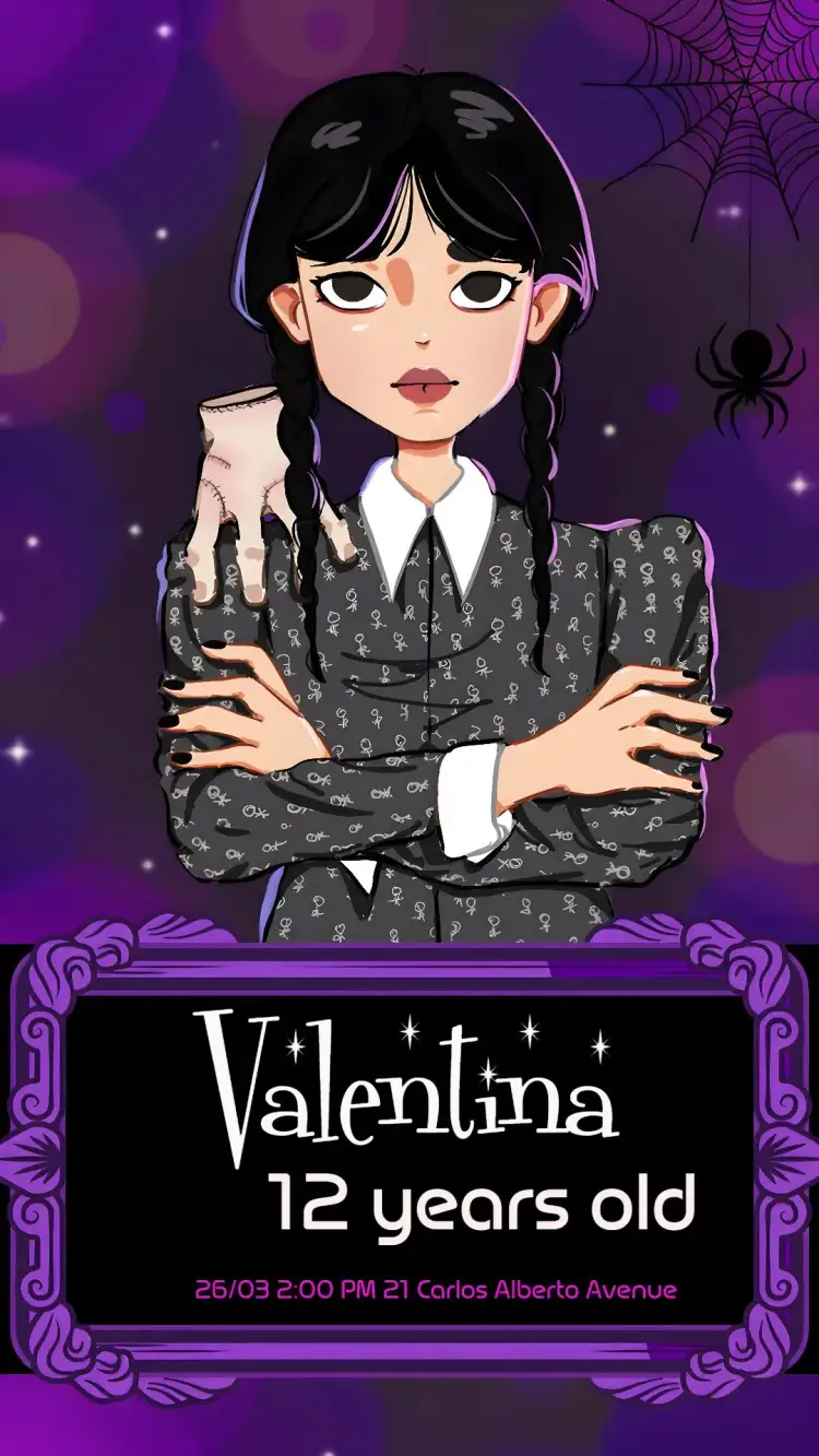 Invitation Wandinha Addams Friends – Commemorative Dates theme black, purple, gothic, fun, themed, childish