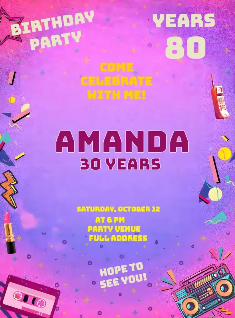 Invitation 80s Retro Purple Party – Sweet 15 theme retro, vintage, 80s, vibrant colors, fun, themed party