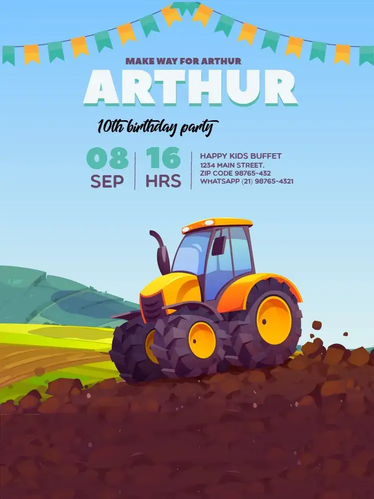 Invitation Farm Flag Tractor – Kids' Birthday Party theme playful, colorful, nature-themed, farm, vintage, fun