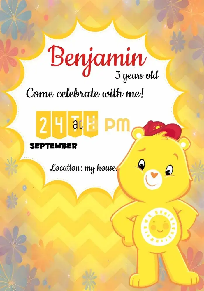 Invitation Sunshine Care Bears Baby Bears – Kids' Birthday Party theme colorful, playful, fun, childish, themed, cute
