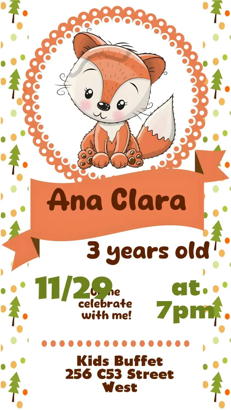 Invitation Little Fox – Kids' Birthday Party theme vibrant colors, playful style, nature elements, fun design, animal illustrations, fox theme