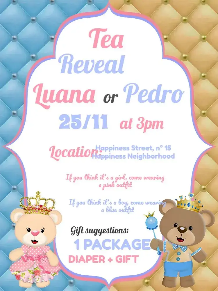 Invitation Teddy Bear Royalty Princess Gender Reveal Tea Party – Gender Reveal theme royalty, teddy bears, pink and blue, delicate, childlike, festive