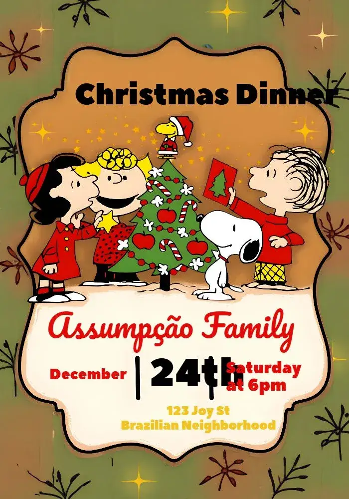 Invitation Snoopy Christmas Dinner – Commemorative Dates theme red, fun, Snoopy illustrations, Christmas-themed, playful, festive