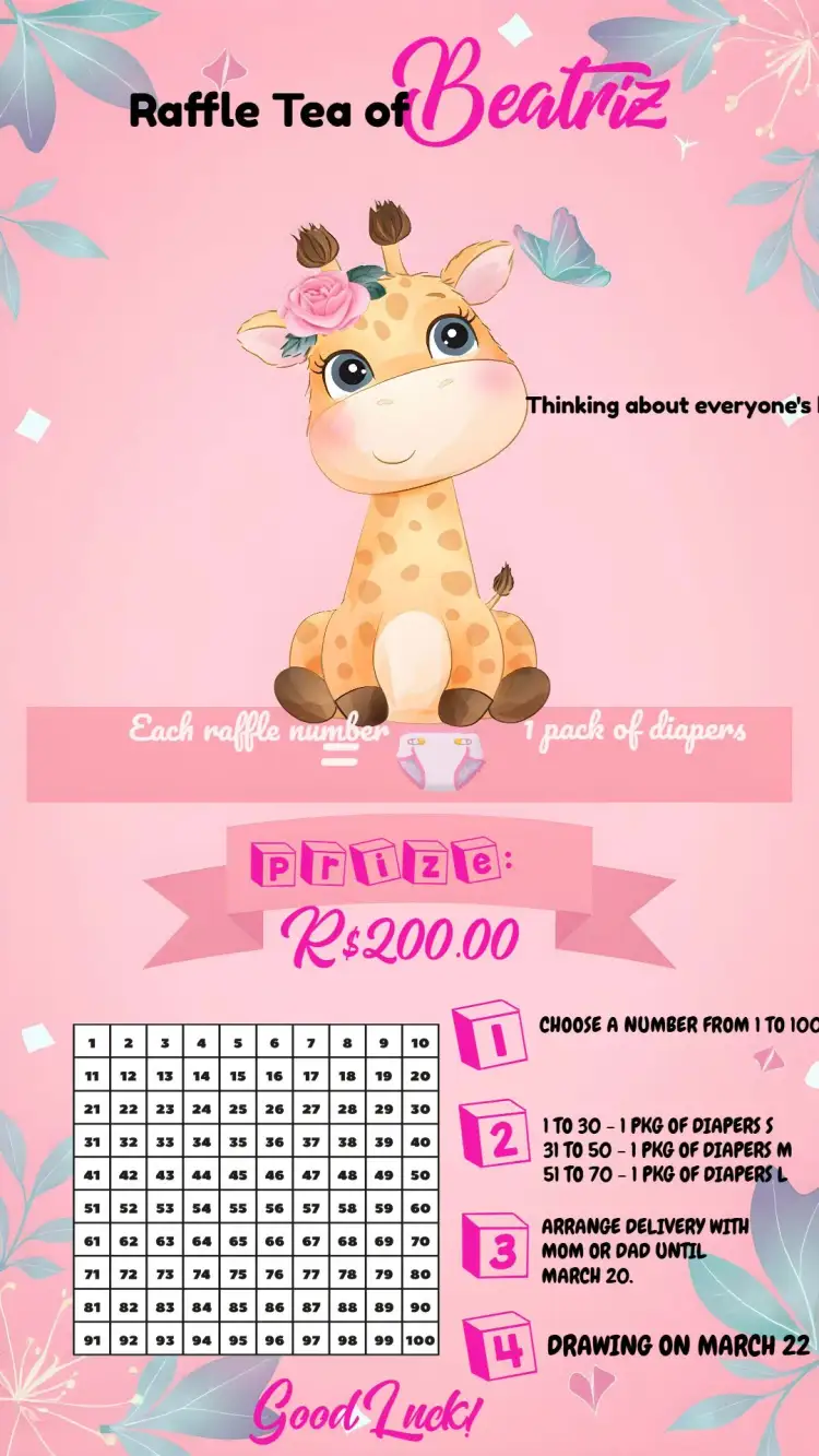 Invitation Pink Giraffe Raffle Tea – Raffle Tea theme floral, delicate, childish, colorful, modern