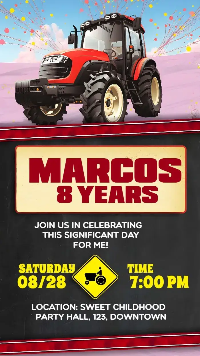 Invitation Red Tractor – Most searched for theme rural, playful, vibrant, colorful, fun, childlike